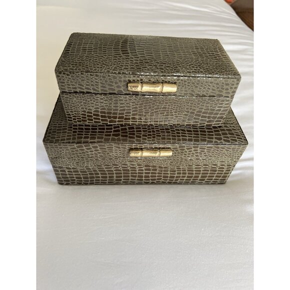 S/2 Vegan Crocodile Decorative Boxes Olive Green Jewelry Storage Lined Home NICE - Picture 11 of 16